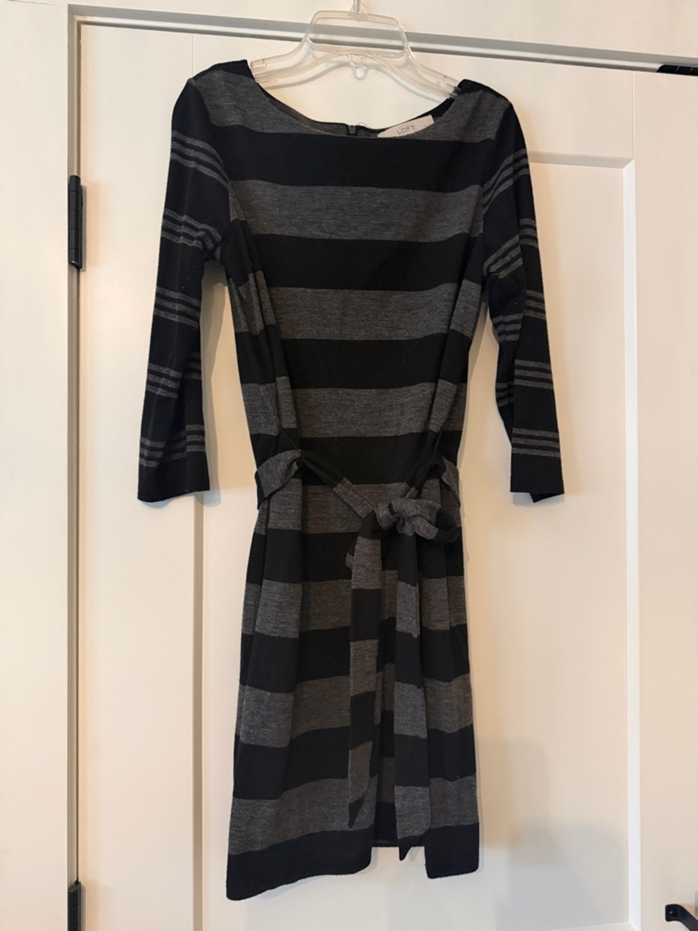 LOFT Black and Gray Striped Tie-Waist Midi Dress